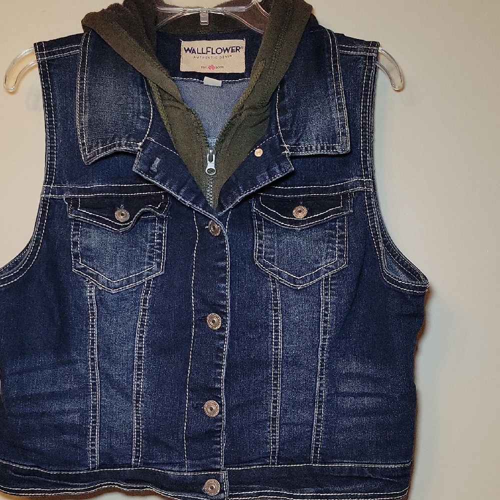 Wallflower Womens XL Denim Vest Olive Green Hooded Layered Dark Wash Blue Jacket